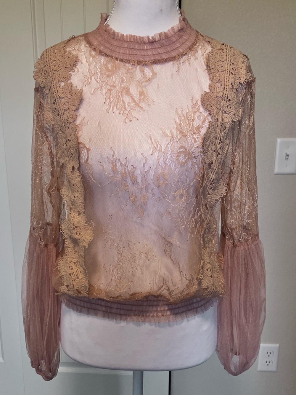 Sheer Lace Long-Sleeve Blouse Color is in Peach Tones Sz Large
